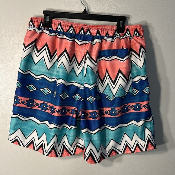 No Boundaries Geometric Pattern Men’s Swim Trunks Sz Lg. In Blue, Aqua & Coral. - Picture 2 of 10
